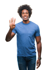 Sticker - Afro american man over isolated background showing and pointing up with fingers number four while smiling confident and happy.