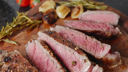 Wall Mural - Pieces of hot ribeye steak served on the wooden board. Medium steak slices.