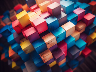 Poster - Colorful wooden cubes stacked in abstract arrangement create textured backdrop