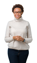 Sticker - Young beautiful african american woman wearing glasses over isolated background Hands together and fingers crossed smiling relaxed and cheerful. Success and optimistic