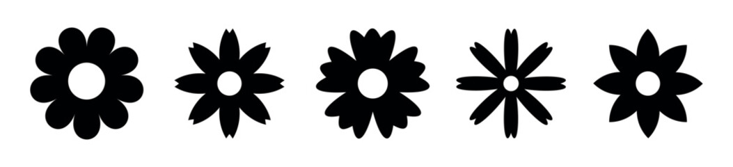 set of black daisies from geometric figures, collection of abstract silhouettes of flowers flowers icons isolated on white	
