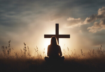 Silhouette of a woman sitting on the grass praying in front of a cross at sunset