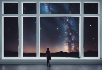 Silhouette standing at night with starry sky and Milky Way
