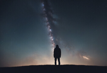Silhouette standing at night with starry sky and Milky Way