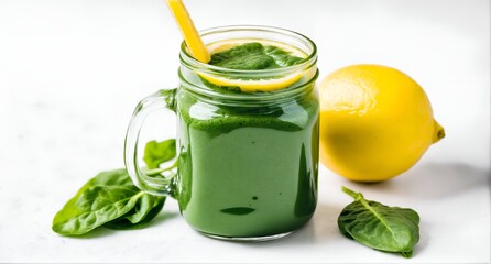 Wall Mural - Green spinach smoothie with lemon. Detox, clean diet. Vegetable drink.