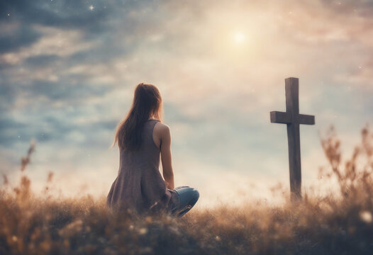 Young woman kneeling and looking at the cross in the sky