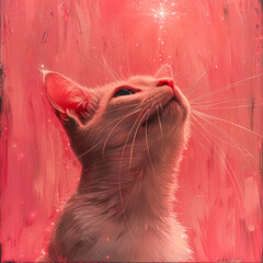 Poster - A cat with blue eyes is sitting on a bed with pink sparkles. The cat appears to be looking at the camera, and the pink sparkles give the image a whimsical and playful mood