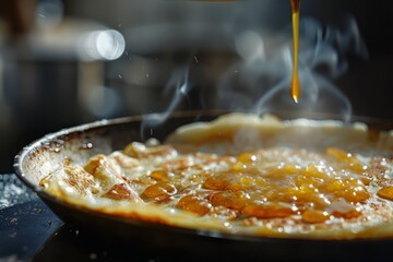 Wall Mural - A frying pan filled with food is cooking on top of a stove