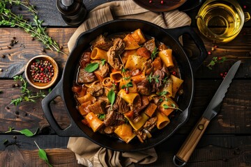 Wall Mural - A top view of a cast iron skillet filled with pasta and meat on a dark wooden table. The dish appears to be homemade rabbit stew with pappardelle pasta