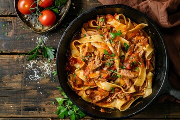 Wall Mural - A skillet filled with homemade rabbit stew pappardelle, featuring pasta and meat, cooked in a cast iron pan on a dark wooden table