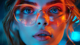 Fototapeta Młodzieżowe - Data reflecting on eyeglasses on woman's face. Computrer programmer big data and ux designer concept