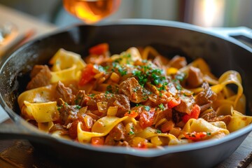 Wall Mural - Detailed view of a pan filled with rabbit stew pappardelle on a tabletop