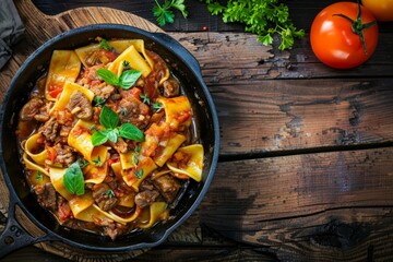 Wall Mural - A skillet with pasta and meat, specifically rabbit stew pappardelle, arranged in a top-down flat lay perspective