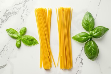 Wall Mural - Overhead view of spaghetti and basil leaves arranged neatly on a marble surface