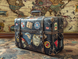 Wall Mural - Old vintage suitcase and map in the room