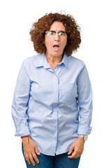 Poster - Beautiful middle ager senior businees woman wearing glasses over isolated background afraid and shocked with surprise expression, fear and excited face.