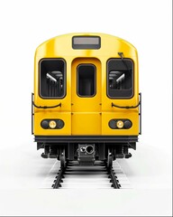 A yellow subway train on a white background in a simple style shown from the front, rendered in C4D as a high-resolution, high-detail 3D model with studio lighting from a front perspective 