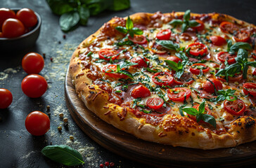 Wall Mural - Tasty fresh oven pizza with tomatoes cheese and basil on dark stone table