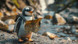 A penguin is holding a paper map and wearing a backpack. The penguin is standing on a rock and he is lost