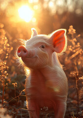 Piglet on meadow at sunset