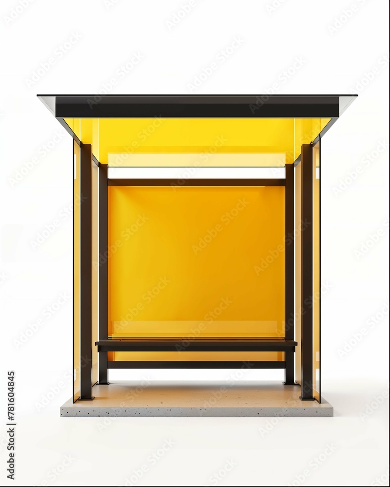 3d render of yellow and black modern street bus stop table with display ...