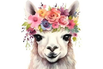  Llama with flowers on head in watercolor style isolated on white background. Can be used for print, web design, banner