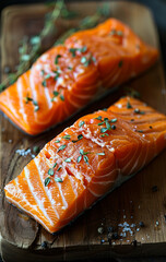 Wall Mural - Two fresh salmon fillets on wooden cutting board