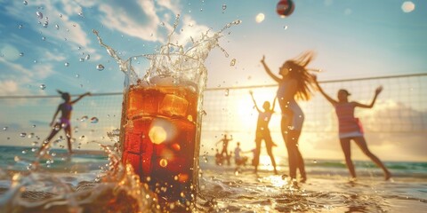 Summer Vibes: Energetic Beach Volleyball Game with Friends and a Refreshing Splash of Iced Beverage at Sunset, Generative AI