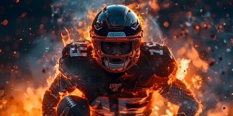 American football player in helmet holding a ball on dark fire flame background. Sport banner with sportsman on stadium in action, in a super bowl game.