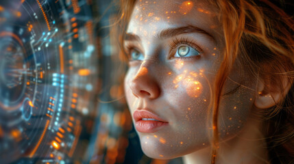 Data reflected on a woman's face. Computer programmer big data and ux designer concept