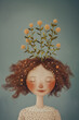 Girl with plant on her head and stars in her hair. Enchanting style portrait illustration.