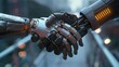Futuristic image of two robot hands in a handshake.