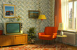 © Анна Терелюк - Retro interior design of living room in house with the vintage TV and red armchair.