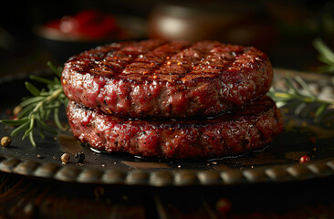 Wall Mural - Two delicious beef burgers on rustic metal plate with rosemary and peppercorns.