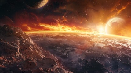 Wall Mural - A planet with craggy rocks at the bottom and a golden, red, and orange sky above. Two planets can be seen in the distance, one larger and one smaller, with a rocky asteroid in the foreground.