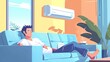 A young man is relaxing or working at home on the couch with the air conditioning on. The illustration shows how air cooling and climate control can help us stay comfortable in our homes.