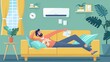 A young man is relaxing or working at home on the couch with the air conditioning on. The illustration shows how air cooling and climate control can help us stay comfortable in our homes.