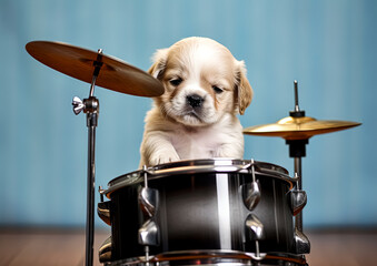 A small dog sits between two drums, its ears perked up as if enjoying the rhythm around it.