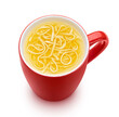Instant noodle soup in red mug isolated on white background, top view