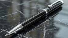 A Shining Ballpoint Pen Close-up On A Mirror Gray Background. Ballpoint Pen3D Render. Writing Affiliation.