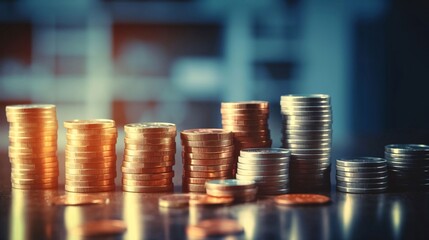 Stacks of coins on table, business and finance concept idea.