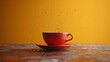 In this creative surreal design, the cup and saucer are flying in the air above a yellow background.