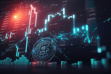 Digital currency and stock market chart. 3d rendering toned image double exposure