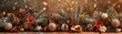 Festive New Year background with a garland of pine cones, decorations and fir branches. Christmas and New Year celebration concept.