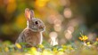 Rabbit Sitting in Grass, Gazing at Camera