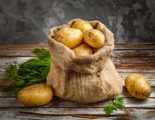 Wall Mural - Fresh potatoes in a sack on wooden background.