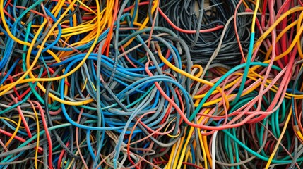 Close-up of tangled wires in a messy heap