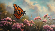 A Mesmerizing Scene Of A Monarch Butterfly Gracefully Hovering Over A Cluster Of Pink Verbena Flowers, Its Wings Poised Elegantly As It Prepares To Land.