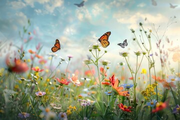 Untamed beauty of a wildflower haven in full bloom, where dainty blossoms sway in the wind and butterflies flit from flower to flower 