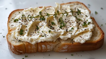 Wall Mural - White bread with cream cheese and herbs on it with white background. Generated by artificial intelligence.